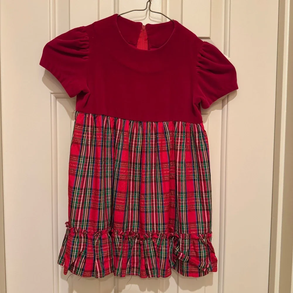 Plaid Velvet Holiday Dress Size 4 Red Green Tartan Puff Sleeve Vintage Handmade